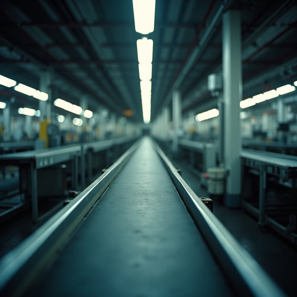 mpty industrial production line stopped due to equipment failure, idle conveyor belts and machinery in a manufacturing facility