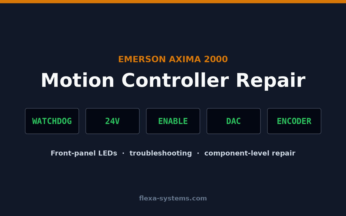 Emerson AXIMA 2000 motion controller repair: watchdog, 24V, enable drives, DAC and encoder checks