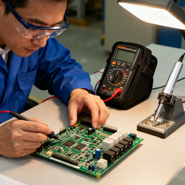 Industrial electronics technician testing a circuit board with a multimeter and soldering station at a repair workbench