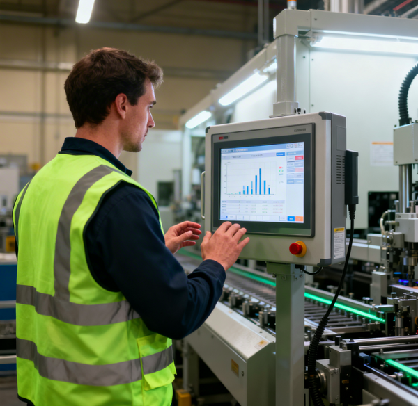 "Operator using an industrial HMI touchscreen panel to monitor process data on a manufacturing line