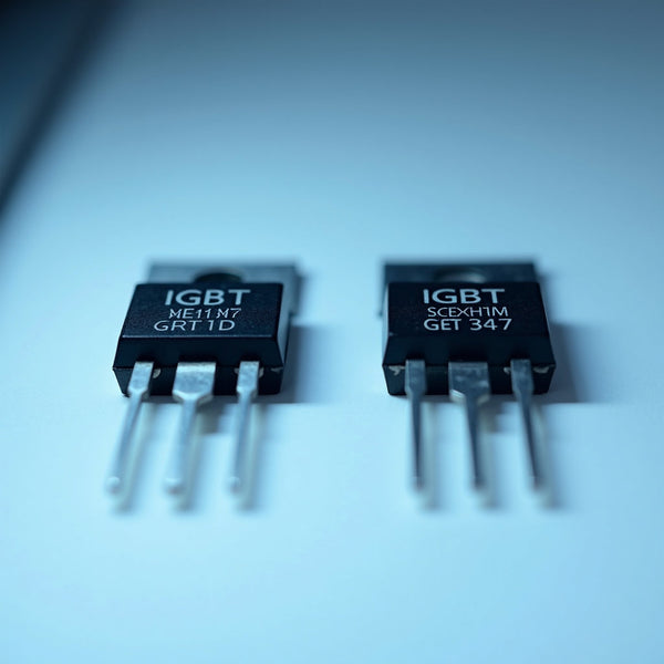 Side-by-side comparison of a genuine and counterfeit industrial IGBT module under bright inspection lighting, showing subtle labeling differences
