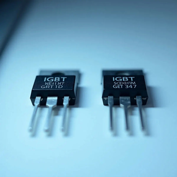 Side-by-side comparison of a genuine and counterfeit industrial IGBT module under bright inspection lighting, showing subtle labeling differences