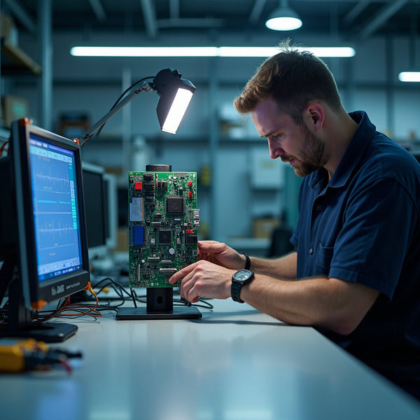 "Industrial technician urgently repairing a variable frequency drive on a workbench with diagnostic equipment