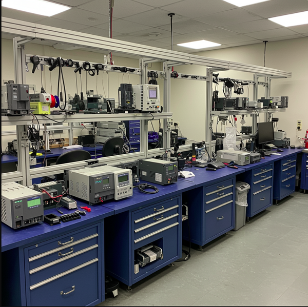 "Industrial servo drive undergoing component-level repair on a workbench — technician testing servo amplifier with oscilloscope