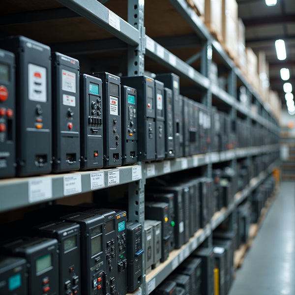   Rows of industrial automation equipment — VFDs, PLCs, HMI panels, and servo drives — organized on warehouse shelving awaiting trade-in evaluation at Flexa Systems