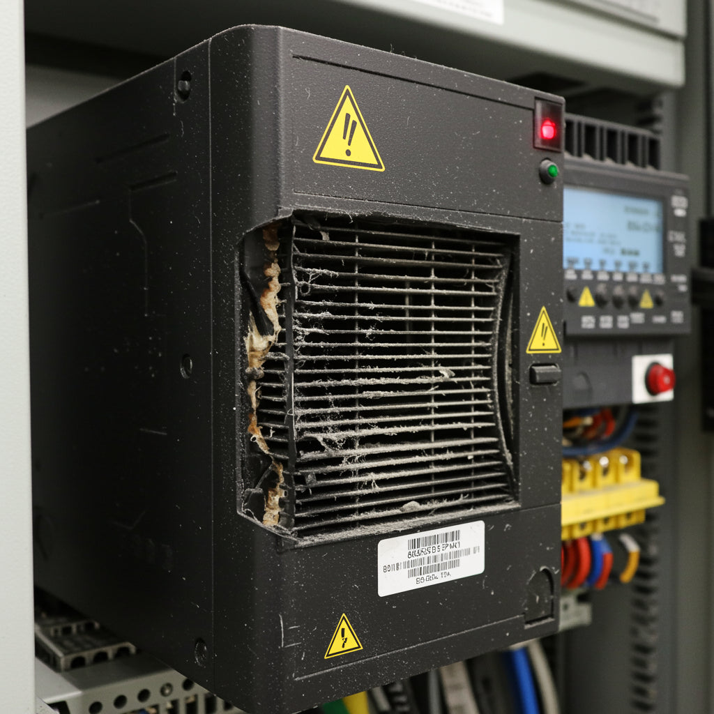 Industrial technician inspecting a variable frequency drive panel showing fault codes on the display, early warning signs of VFD failure