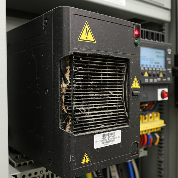 Industrial technician inspecting a variable frequency drive panel showing fault codes on the display, early warning signs of VFD failure