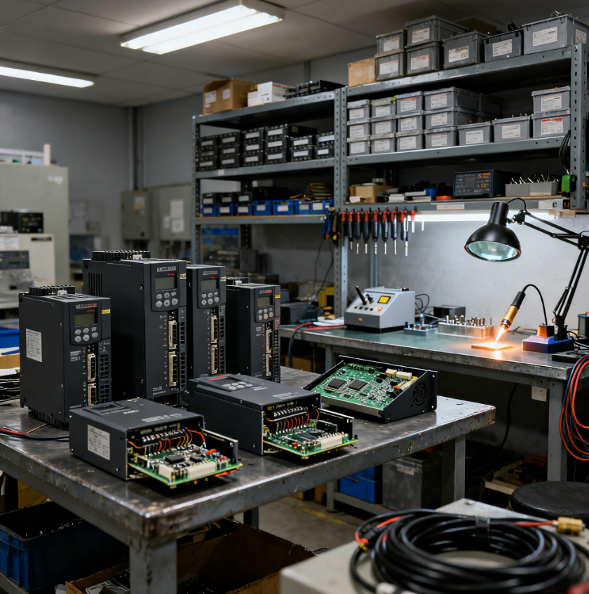 Industrial variable frequency drive mounted in a control panel with motor wiring connections visible