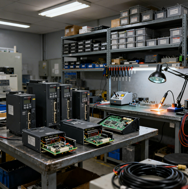 Industrial variable frequency drive mounted in a control panel with motor wiring connections visible