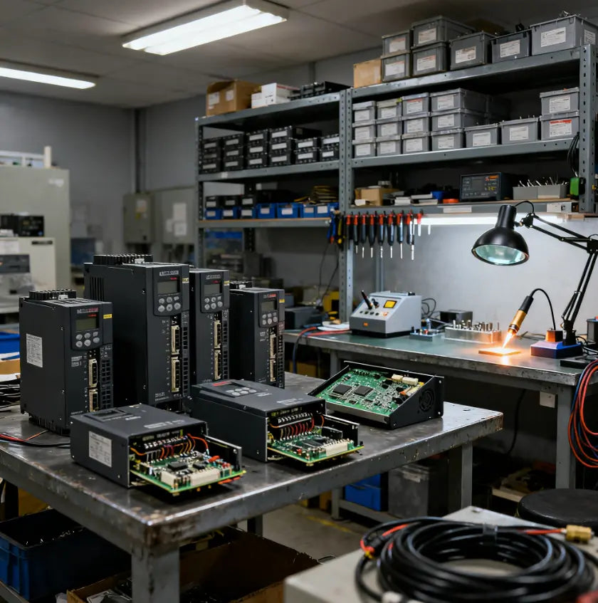 Industrial variable frequency drive mounted in a control panel with motor wiring connections visible